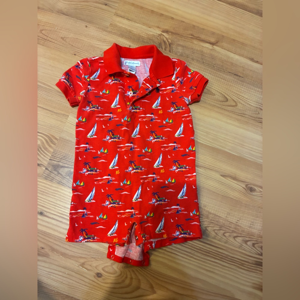 Ralph Lauren baby 9M Bright Red Sailboat Polo Romper with Tropical Print